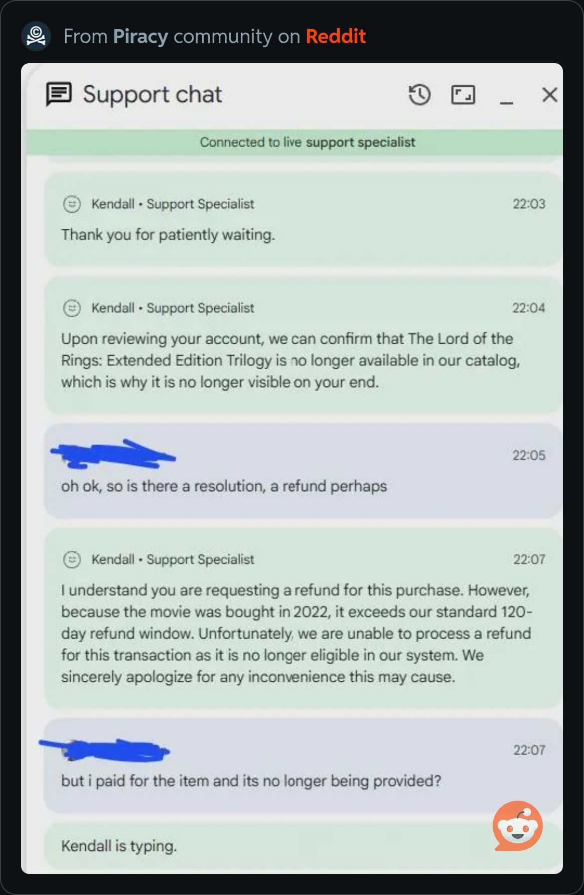 Google support chat showing a customer who bought Lord of the Rings Extended Edition Trilogy being told the content was removed from the catalog and no refund is available